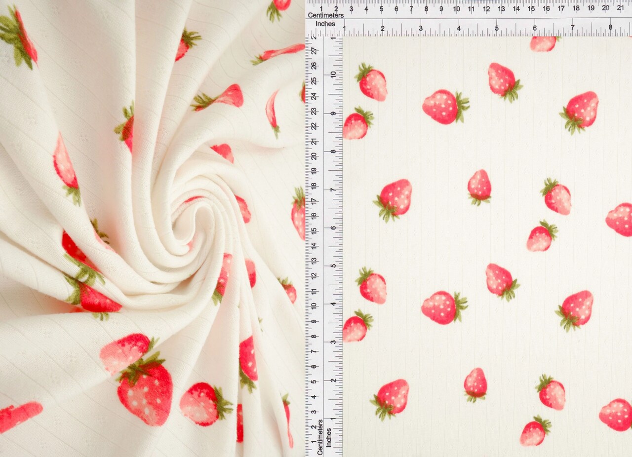 1 Yard Strawberry Print Pointelle Knit Fabric,58/60" Wide, Soft Cotton-Feel Stretch for Baby Clothes, Onesies, and Rompers